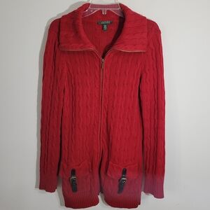 Lauren Ralph Lauren M Long Cardigan Sweater Cable Knit Leather Straps Cowl Neck